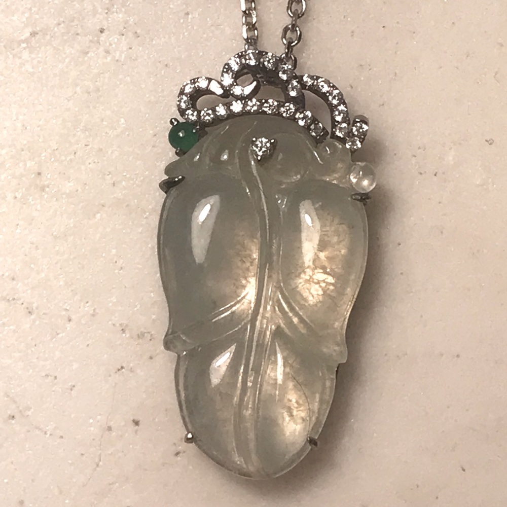Rare Jade and Diamond Necklace in 18K White Gold